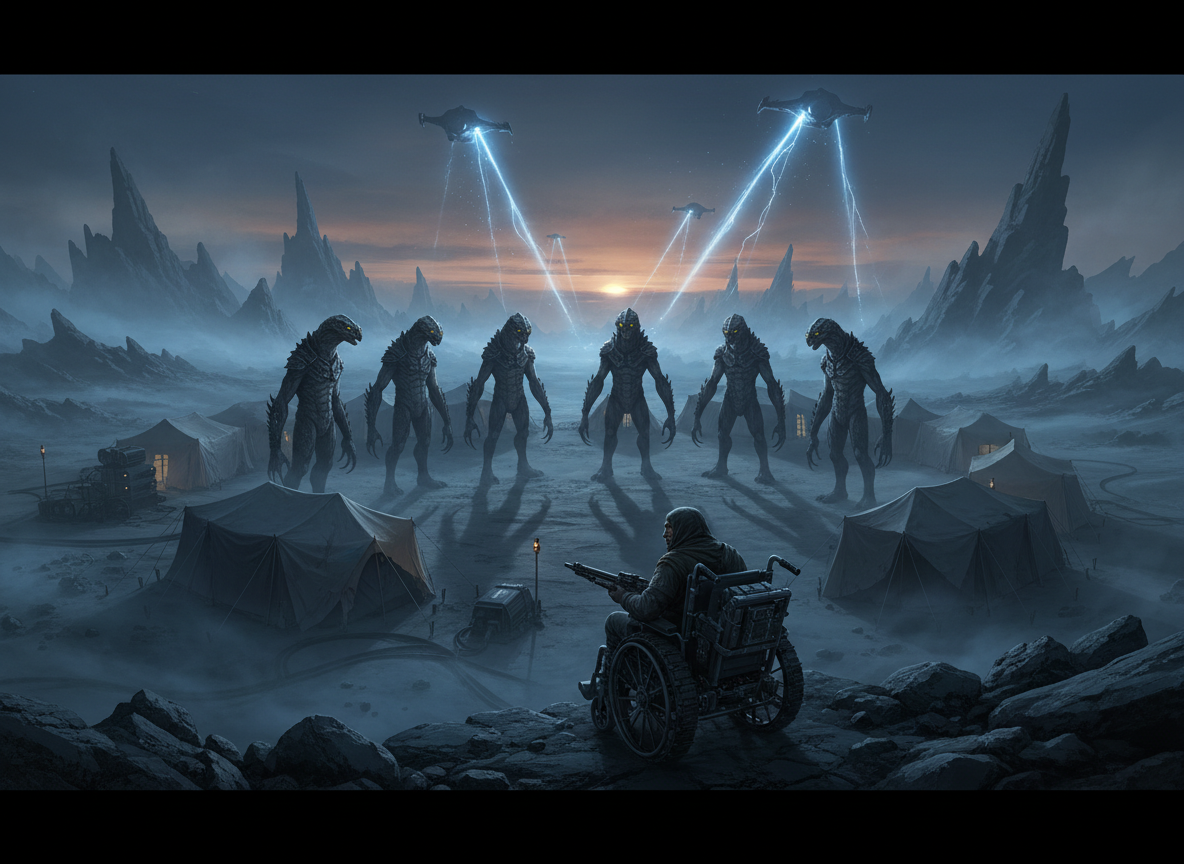 A cinematic science-fiction horror illustration for a short story titled “Wheelchair Wars: First Tark Encounters P3”: an isolated alien camp at dawn on a distant planet, strange lights descending in the far background, a tense survivor watching from concealment, and several tall humanoid reptilian creatures with thick grey skin forming a menacing circle around the camp. Ominous atmosphere, dramatic blue-grey light, dust and mist, cinematic composition, suspenseful and non-graphic, no text, no gore.