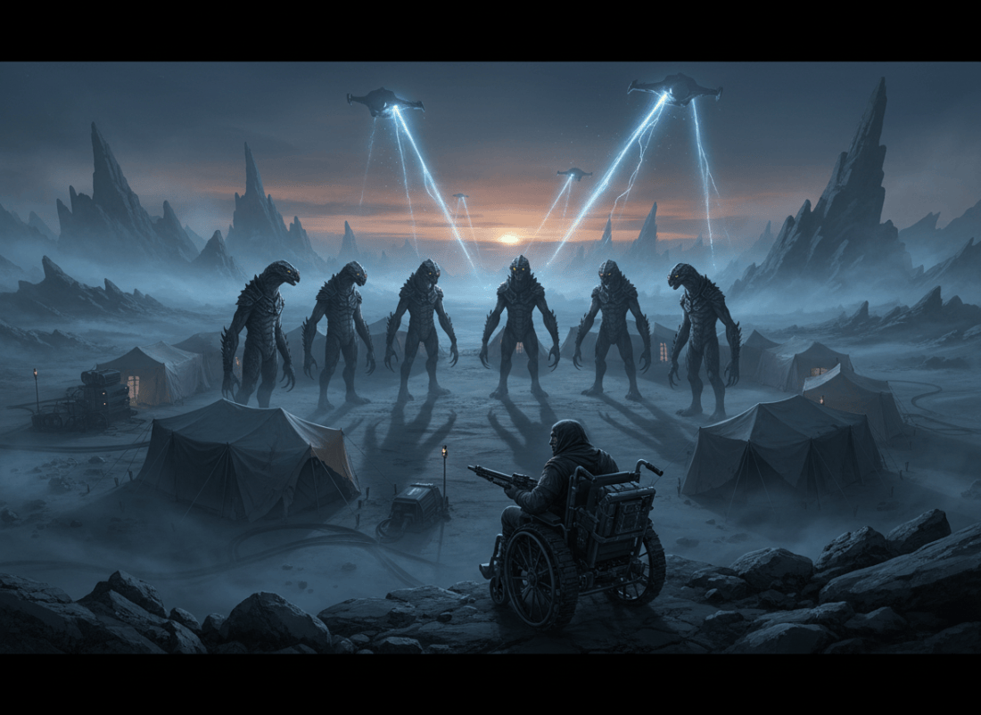 A cinematic science-fiction horror illustration for a short story titled “Wheelchair Wars: First Tark Encounters P3”: an isolated alien camp at dawn on a distant planet, strange lights descending in the far background, a tense survivor watching from concealment, and several tall humanoid reptilian creatures with thick grey skin forming a menacing circle around the camp. Ominous atmosphere, dramatic blue-grey light, dust and mist, cinematic composition, suspenseful and non-graphic, no text, no gore.