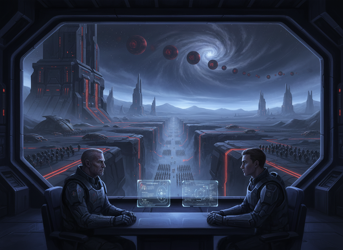 A cinematic science-fiction illustration inspired by a tense military interview about Etreides 451: a vast alien planet under Imperial militarization, an ominous chain of distant colony worlds going dark, heavily armed futuristic forces preparing for an unknown threat, and a bleak monumental command outpost beneath a dramatic star-filled sky. Dark, serious, atmospheric, mysterious, epic scale, detailed concept art, no text, no logos, no recognizable existing franchises.