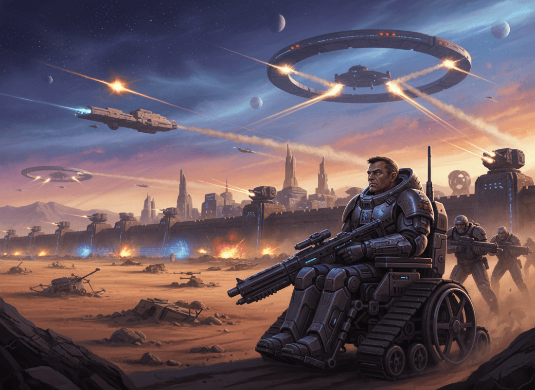 A cinematic science-fiction editorial illustration for a post titled “Wheelchair Wars: First Tark Encounters – Etreides 451 P2”: a tense futuristic battlefield on a distant desert planet, fortified city walls and orbital defenses beneath a dramatic alien sky, with a determined wheelchair-using space marine commander in the foreground. Serious, atmospheric, literary sci-fi tone; no text, no logos, landscape composition.