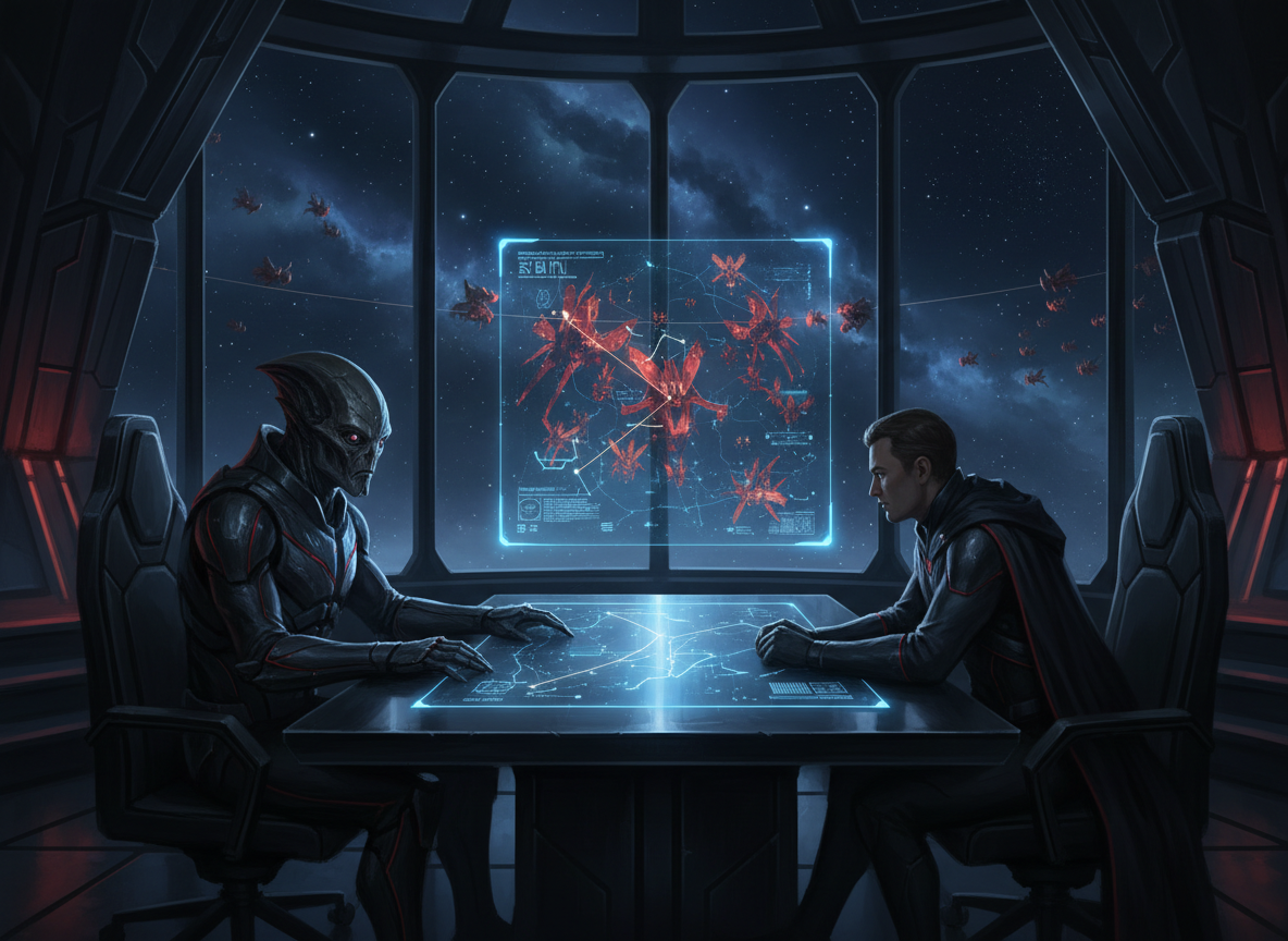 A cinematic science-fiction illustration inspired by a tense military intelligence interview: inside a dark imperial command chamber, a stern alien general in futuristic armor sits across from a covert agent at a metallic table, holographic star maps and a vast hostile armada glowing in the background. The mood is ominous and strategic, suggesting an interstellar religious war and the threat of an insectoid species. Dramatic blue and crimson lighting, detailed space-opera concept art, no text, no logos.