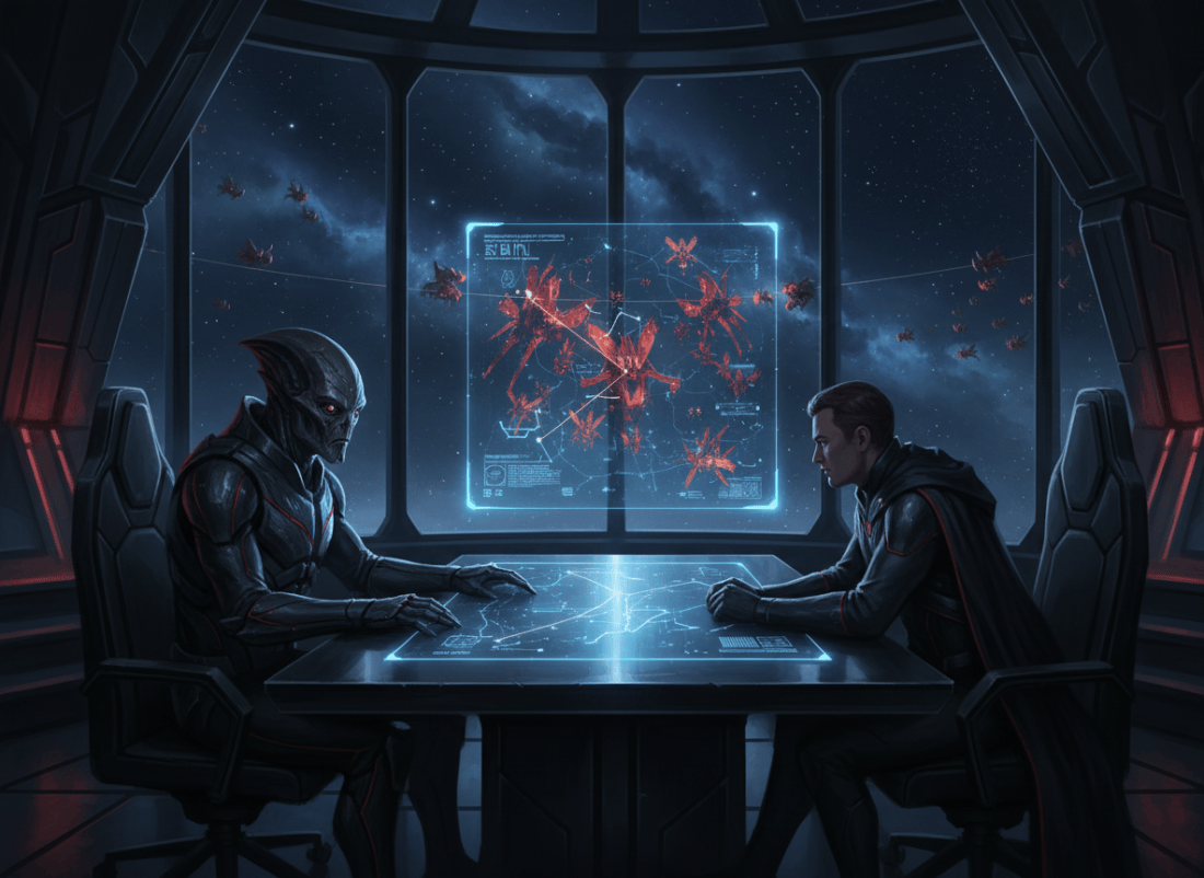 A cinematic science-fiction illustration inspired by a tense military intelligence interview: inside a dark imperial command chamber, a stern alien general in futuristic armor sits across from a covert agent at a metallic table, holographic star maps and a vast hostile armada glowing in the background. The mood is ominous and strategic, suggesting an interstellar religious war and the threat of an insectoid species. Dramatic blue and crimson lighting, detailed space-opera concept art, no text, no logos.