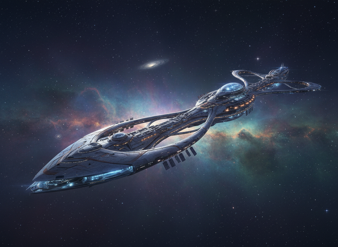 A cinematic science-fiction illustration of a vast colony ship passing through deep space, with a long, elegant generation ship illuminated by cool blue and warm amber lights, stars and colorful nebulae in the background, a sense of immense scale and quiet awe, detailed concept art, no text or logos.