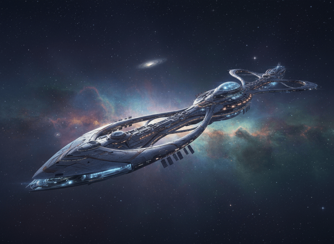 A cinematic science-fiction illustration of a vast colony ship passing through deep space, with a long, elegant generation ship illuminated by cool blue and warm amber lights, stars and colorful nebulae in the background, a sense of immense scale and quiet awe, detailed concept art, no text or logos.