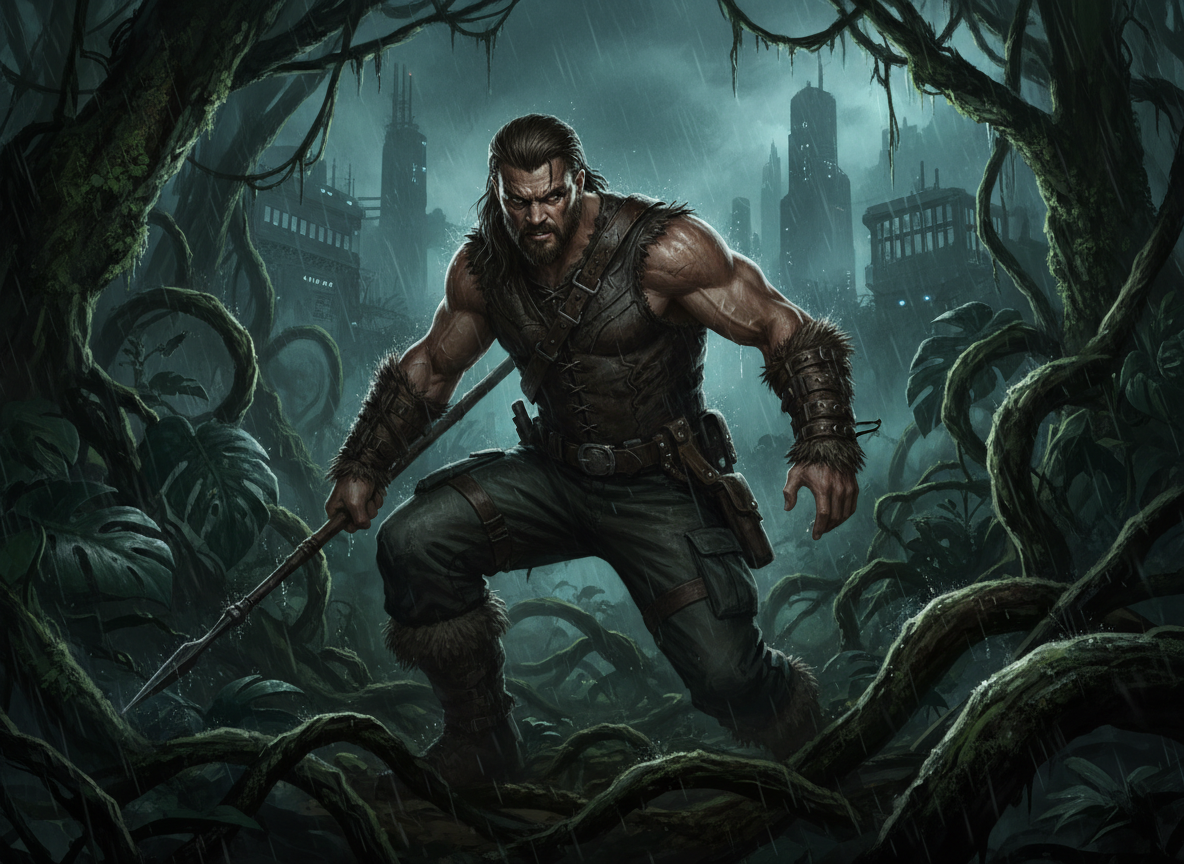 A cinematic editorial illustration for a film review of Kraven the Hunter: a rugged, intense hunter in a dark jungle at night, crouched among tangled vines and rain-slick foliage, with subtle urban-industrial prison architecture in the distant background. Moody Sony superhero thriller atmosphere, earthy greens and charcoal shadows, dramatic rim lighting, gritty realistic film-poster composition, no text, no logos, no gore.