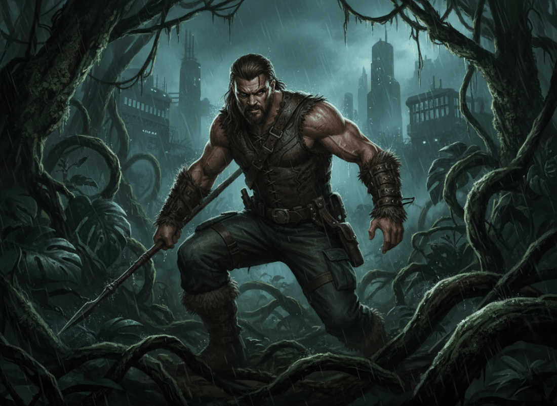 A cinematic editorial illustration for a film review of Kraven the Hunter: a rugged, intense hunter in a dark jungle at night, crouched among tangled vines and rain-slick foliage, with subtle urban-industrial prison architecture in the distant background. Moody Sony superhero thriller atmosphere, earthy greens and charcoal shadows, dramatic rim lighting, gritty realistic film-poster composition, no text, no logos, no gore.