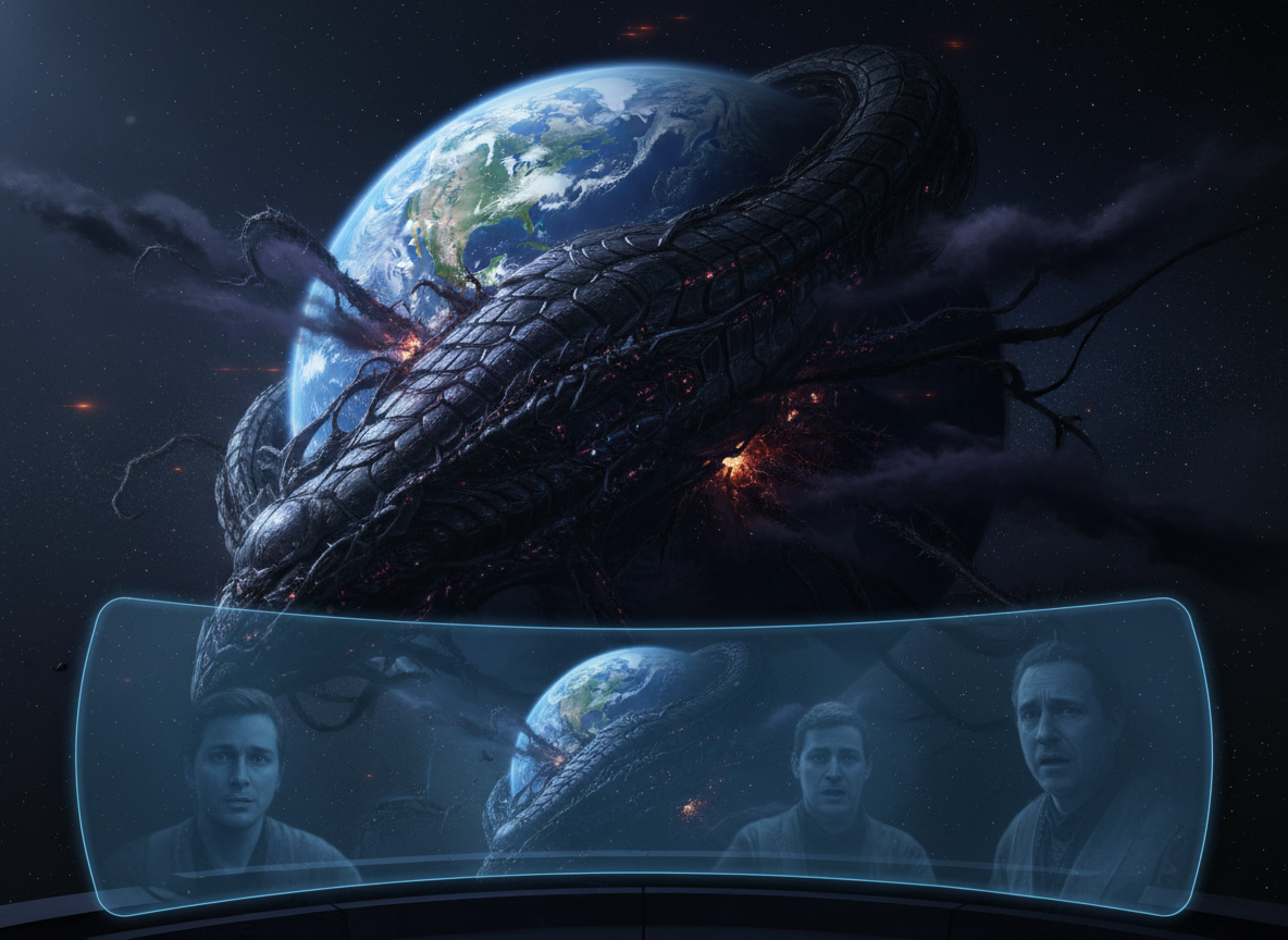 A cinematic science-fiction illustration for a suspenseful blog story: viewed from deep space, a beautiful green-and-blue inhabited planet is being consumed and transformed by a strange alien spacecraft with an immense scaled, organic appearance. The planet darkens beneath the ship, with eerie shadowy energy spreading across its surface. In the foreground, the faint reflection of a terrified starship crew watching a holographic image, evoking dread, grief, and the collapse of their promised new home. Dark space, dramatic lighting, atmospheric, mysterious, serious literary sci-fi, no text, no logos.