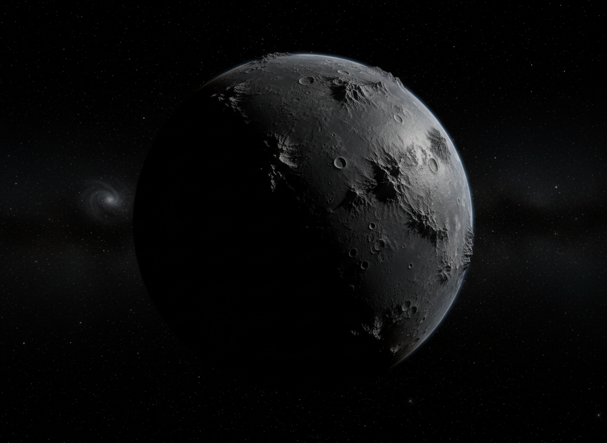 A dark, barren planet devoid of atmosphere or life, viewed from space. Charcoal-black rocky surface, stark craters and jagged terrain, no clouds, no haze, no vegetation, no lights, no signs of civilization. Deep black starfield, ominous cinematic science-fiction mood, realistic astronomical detail, dramatic side lighting, high contrast.