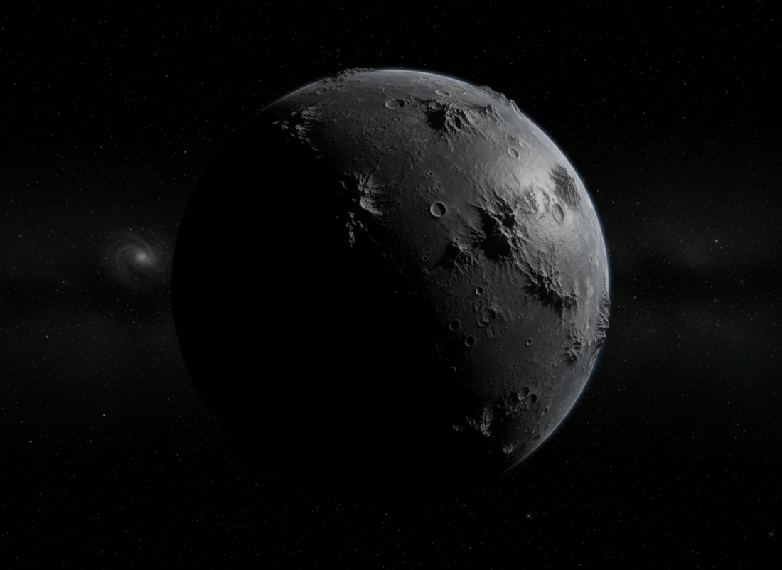 A dark, barren planet devoid of atmosphere or life, viewed from space. Charcoal-black rocky surface, stark craters and jagged terrain, no clouds, no haze, no vegetation, no lights, no signs of civilization. Deep black starfield, ominous cinematic science-fiction mood, realistic astronomical detail, dramatic side lighting, high contrast.