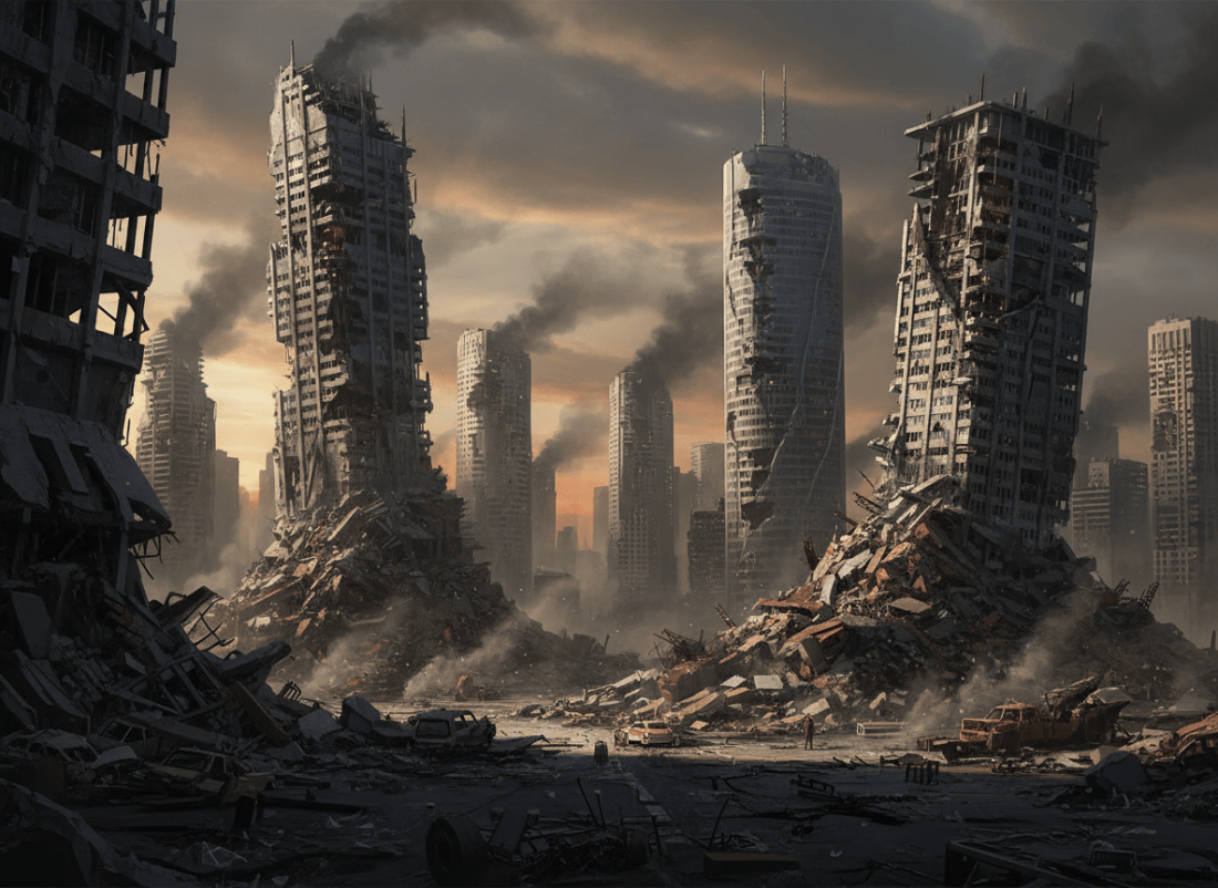 A dramatic, cinematic wide view of a fictional city after catastrophic destruction: severely damaged skyscrapers and collapsed buildings, smoke and dust drifting through empty streets, scattered debris, muted gray and amber light, atmospheric and somber, no people, no gore, no text, realistic concept-art style.