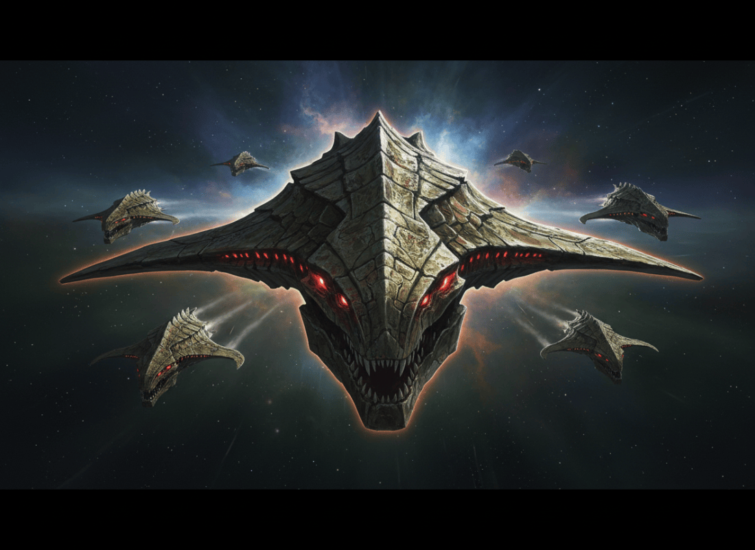 A cinematic science-fiction scene showing several approaching reptilian-type spaceships in deep space. The vessels are alien and organic-looking, with armored scales, angular predatory silhouettes, glowing eyes or slit-like lights, and subtle green-brown metallic textures. They advance toward the viewer through a vast starfield with distant nebulae, dramatic rim lighting, ominous atmosphere, highly detailed concept art, no text.