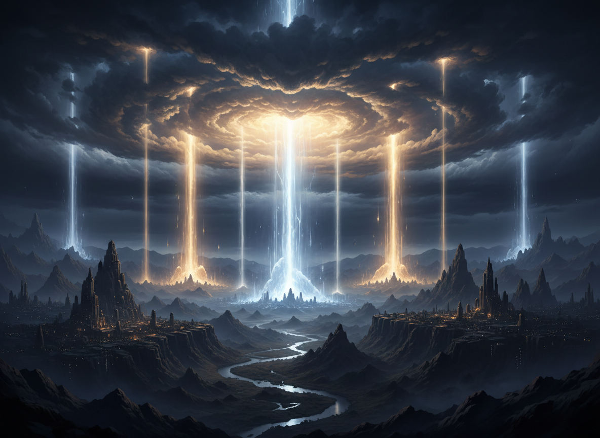 A dramatic, atmospheric scene of brilliant bursts of light streaming down from a vast night sky, radiant beams breaking through dark clouds, luminous gold, white, and pale blue energy illuminating the landscape below, cinematic science-fiction mood, highly detailed, no text or people