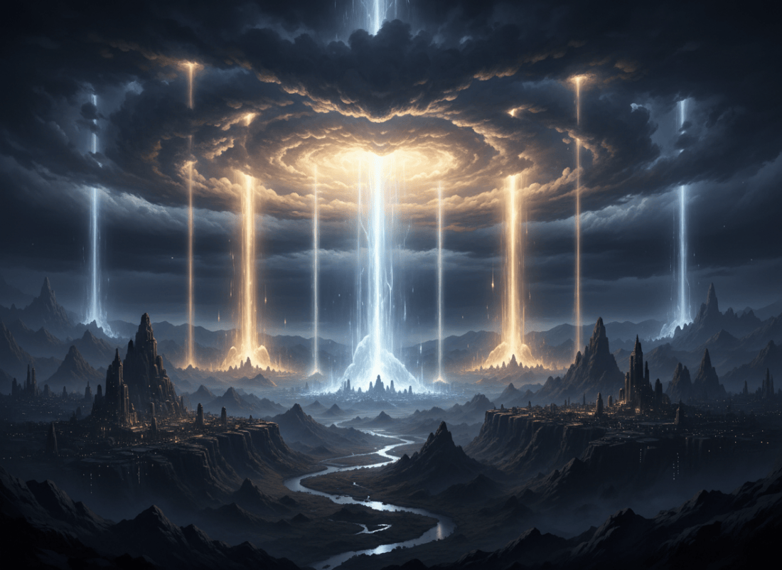 A dramatic, atmospheric scene of brilliant bursts of light streaming down from a vast night sky, radiant beams breaking through dark clouds, luminous gold, white, and pale blue energy illuminating the landscape below, cinematic science-fiction mood, highly detailed, no text or people