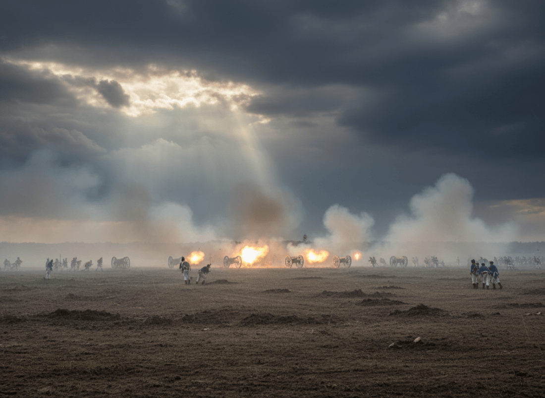 A dramatic cinematic historical battlefield scene showing artillery pieces firing in the distance, bright muzzle flashes, smoke and dust drifting across the landscape, dramatic stormy light, realistic but non-graphic, no visible injuries or corpses, wide composition suitable for a literary blog post.