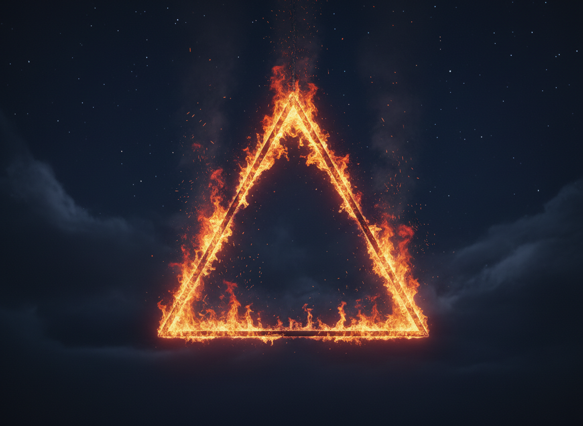 A dramatic burning triangle suspended in a deep midnight-blue night sky, its three edges glowing with intense orange and red flames, sparks and wisps of smoke rising upward, subtle stars and clouds in the background, dark atmospheric fantasy style, cinematic lighting, highly detailed, no text.