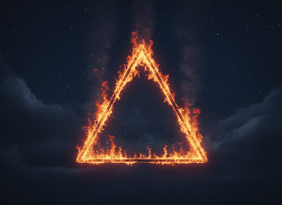 A dramatic burning triangle suspended in a deep midnight-blue night sky, its three edges glowing with intense orange and red flames, sparks and wisps of smoke rising upward, subtle stars and clouds in the background, dark atmospheric fantasy style, cinematic lighting, highly detailed, no text.