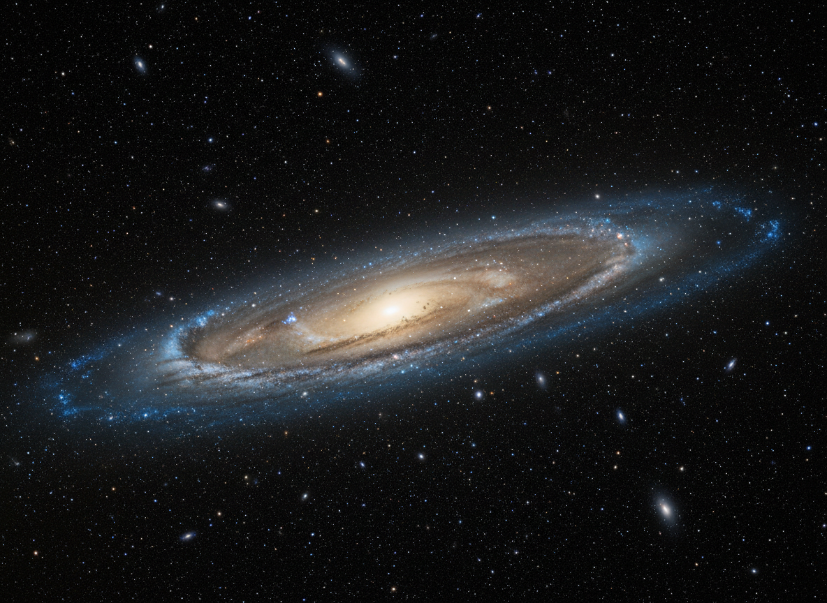 A breathtaking high-resolution astronomical view of the Milky Way galaxy seen edge-on from deep space, with luminous spiral structure, dense star fields, glowing blue and gold nebulae, dark dust lanes, and a richly detailed cosmic backdrop. Scientific yet awe-inspiring, realistic astrophotography style, no text, no spacecraft, no people.
