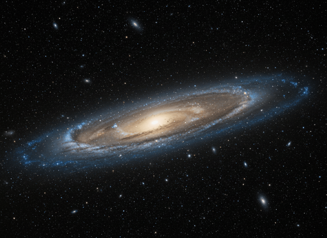 A breathtaking high-resolution astronomical view of the Milky Way galaxy seen edge-on from deep space, with luminous spiral structure, dense star fields, glowing blue and gold nebulae, dark dust lanes, and a richly detailed cosmic backdrop. Scientific yet awe-inspiring, realistic astrophotography style, no text, no spacecraft, no people.