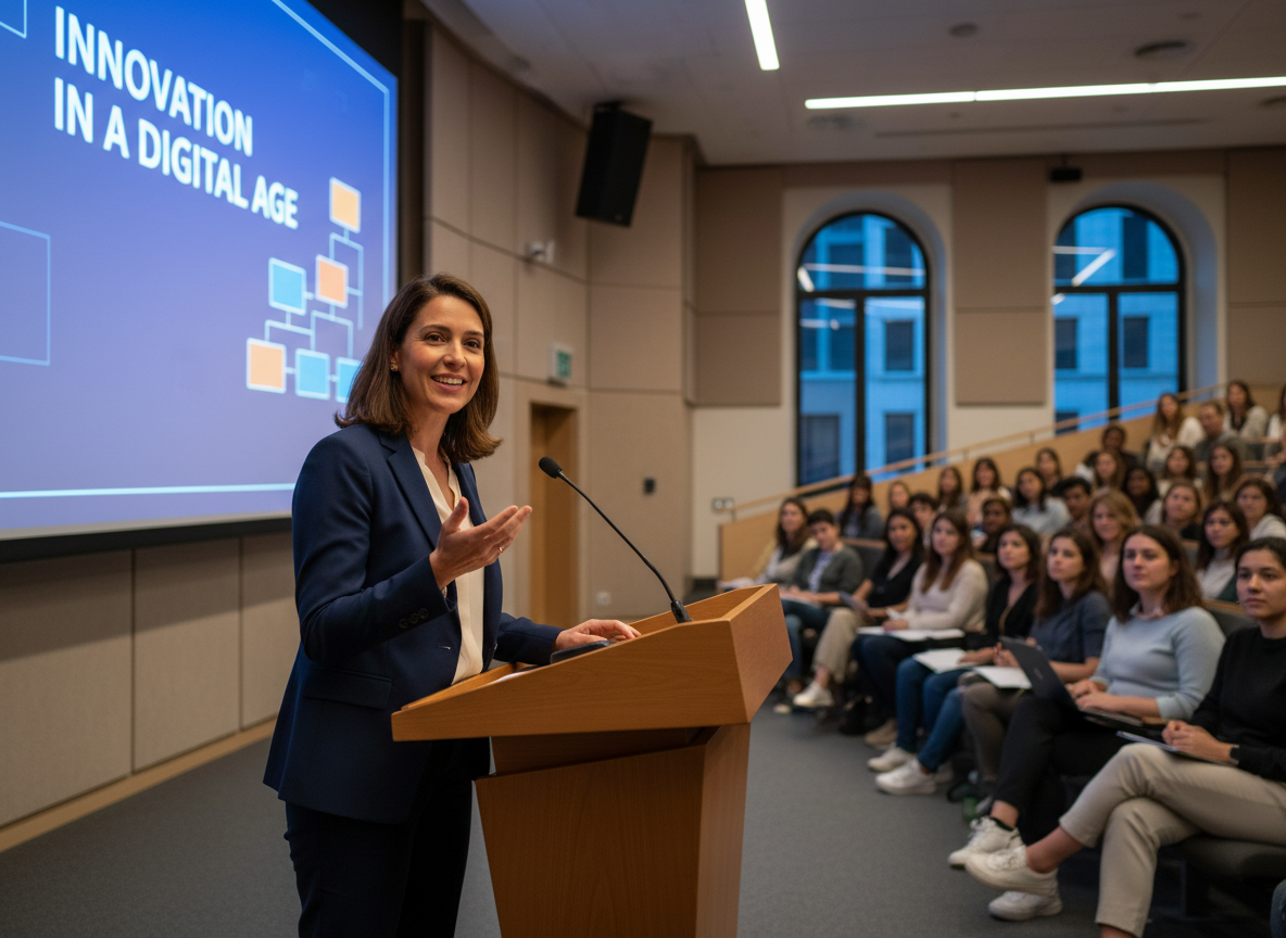 A confident woman giving an engaging lecture in a modern university lecture hall, standing at a podium with a presentation screen behind her, attentive audience in the foreground, warm professional lighting, realistic editorial photography style