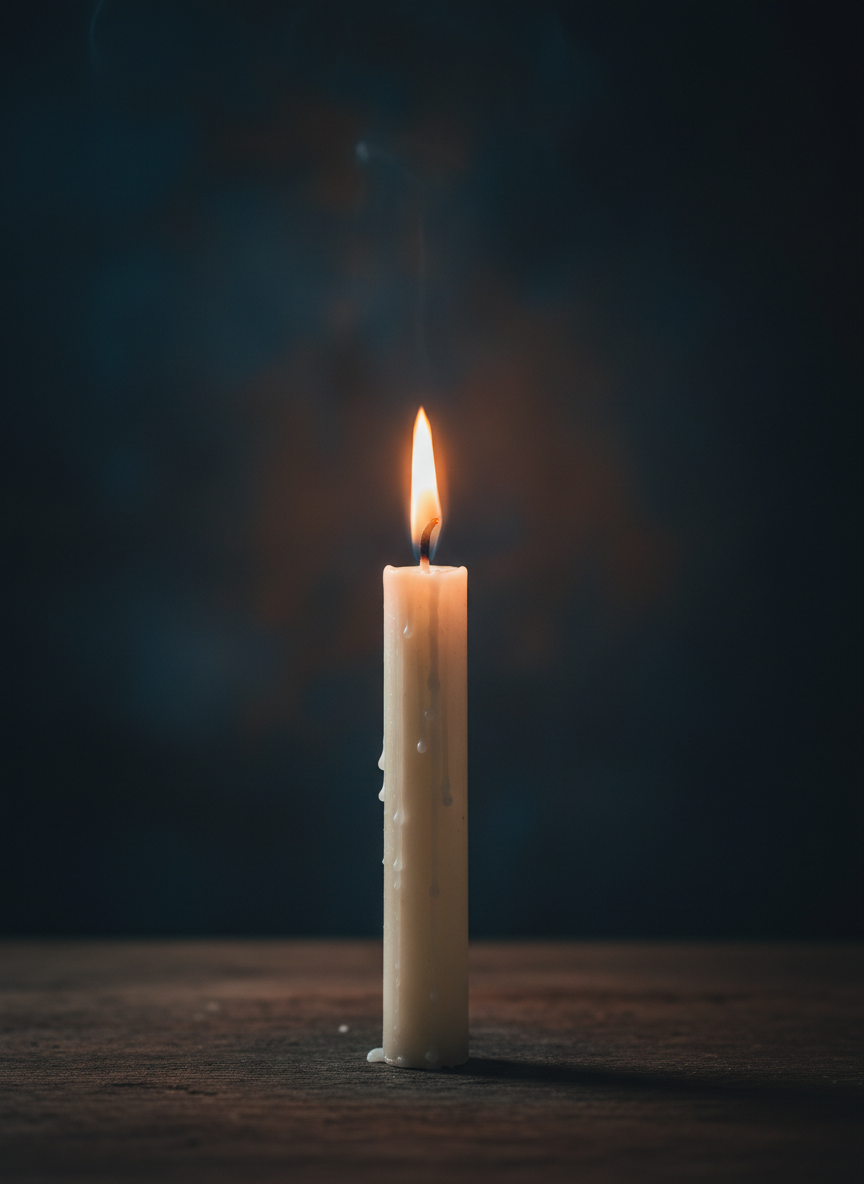 A single warmly glowing candle with a small golden flame, ivory wax, and soft natural shadows on a dark, atmospheric background. Elegant, realistic still-life photography, calming and poetic mood.