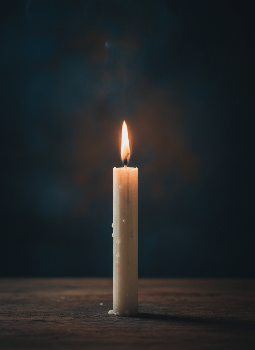 A single warmly glowing candle with a small golden flame, ivory wax, and soft natural shadows on a dark, atmospheric background. Elegant, realistic still-life photography, calming and poetic mood.