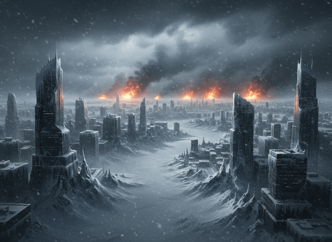 A cinematic, dramatic winter cityscape completely covered in snow, with towering buildings and streets buried under ice and snow. Bright fiery explosions erupt in the distant skyline, sending orange light and smoke through the falling snow. Dark storm clouds, high contrast, atmospheric, fictional disaster-scene concept art, no identifiable people, no gore, no text.