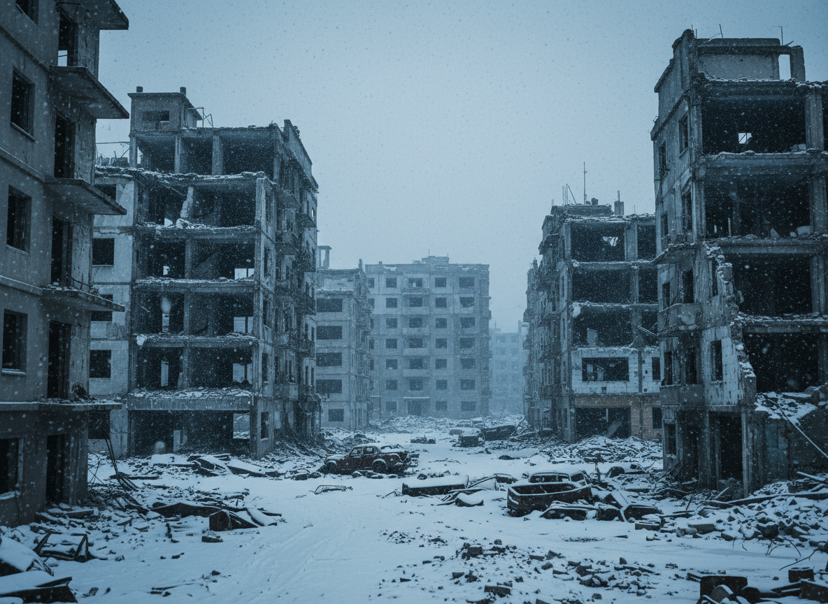A somber, cinematic wide landscape depicting snow-covered buildings destroyed by war: shattered facades, collapsed rooftops, broken windows, scattered rubble, and abandoned streets under falling snow. Cold blue-gray palette, dramatic overcast winter sky, realistic documentary-style atmosphere, no people, no gore, no text.