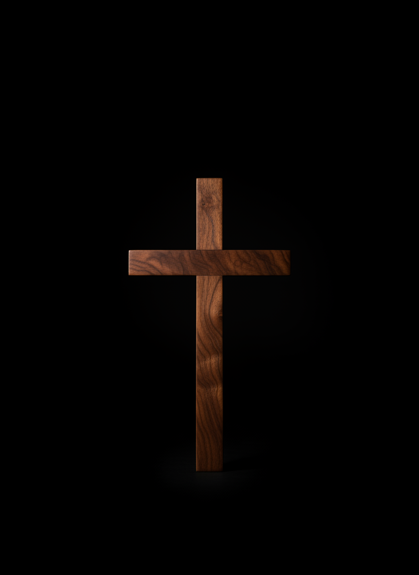 A simple, dignified wooden Christian cross standing upright against a completely black background. Rich natural wood grain, subtle warm brown tones, soft directional lighting from the side, centered composition, high contrast, no text, no people, no other objects.