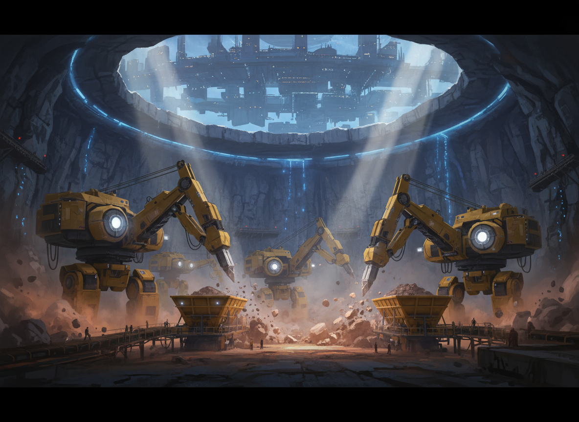 A cinematic science-fiction scene showing several enormous yellow industrial mining robots working deep inside a vast underground mine. The robots are many times larger than humans, with heavy mechanical limbs, glowing work lights, drills and mining equipment, excavating rock beneath a planetary capital. Dust hangs in the air, with dramatic shafts of light, rugged cavern walls, and a sense of scale. Detailed concept art, atmospheric, no text, no logos.