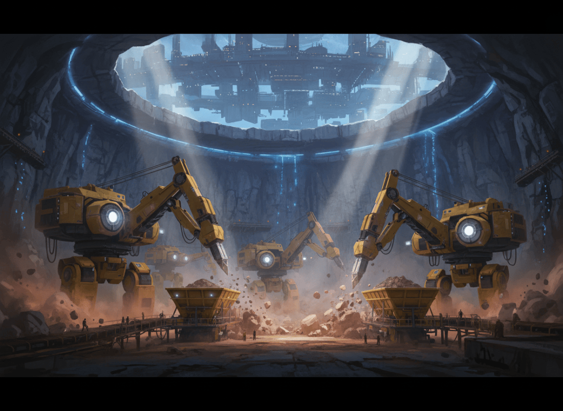 A cinematic science-fiction scene showing several enormous yellow industrial mining robots working deep inside a vast underground mine. The robots are many times larger than humans, with heavy mechanical limbs, glowing work lights, drills and mining equipment, excavating rock beneath a planetary capital. Dust hangs in the air, with dramatic shafts of light, rugged cavern walls, and a sense of scale. Detailed concept art, atmospheric, no text, no logos.