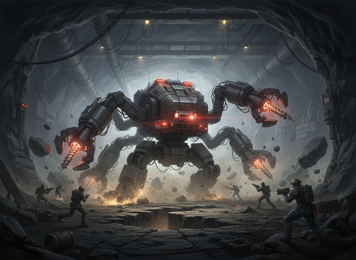 A dramatic cinematic science-fiction scene of a massive industrial mining robot attacking a group of humans in a rocky underground mine. The robot has heavy excavator arms, glowing warning lights, sparks and dust, while the humans flee and defend themselves from a distance. Non-graphic action, no gore, tense atmosphere, dynamic composition, realistic concept art, strong contrast, landscape orientation.