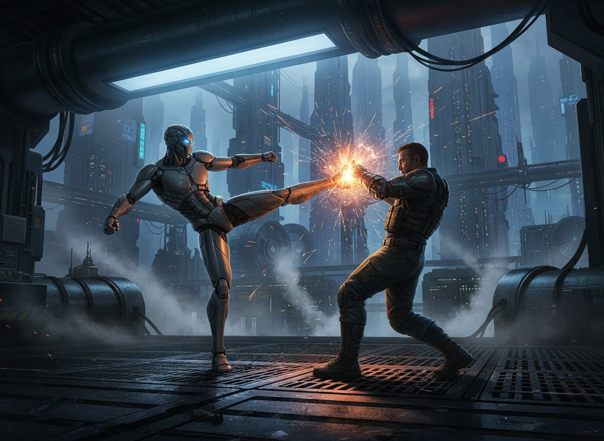 A cinematic, dynamic science-fiction scene showing a humanoid robot and an adult man engaged in hand-to-hand combat. The confrontation is intense but non-graphic, with dramatic motion, sparks, strong rim lighting, industrial futuristic surroundings, detailed realistic concept-art style, no weapons, no blood.