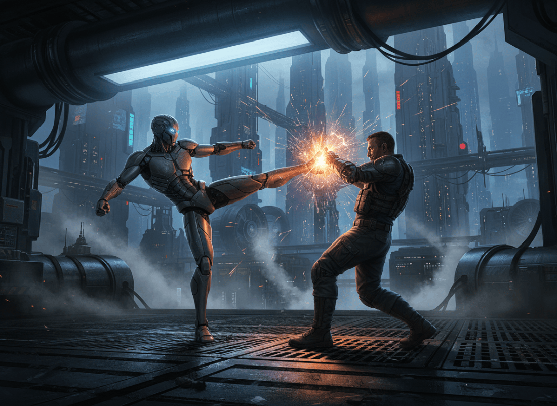 A cinematic, dynamic science-fiction scene showing a humanoid robot and an adult man engaged in hand-to-hand combat. The confrontation is intense but non-graphic, with dramatic motion, sparks, strong rim lighting, industrial futuristic surroundings, detailed realistic concept-art style, no weapons, no blood.