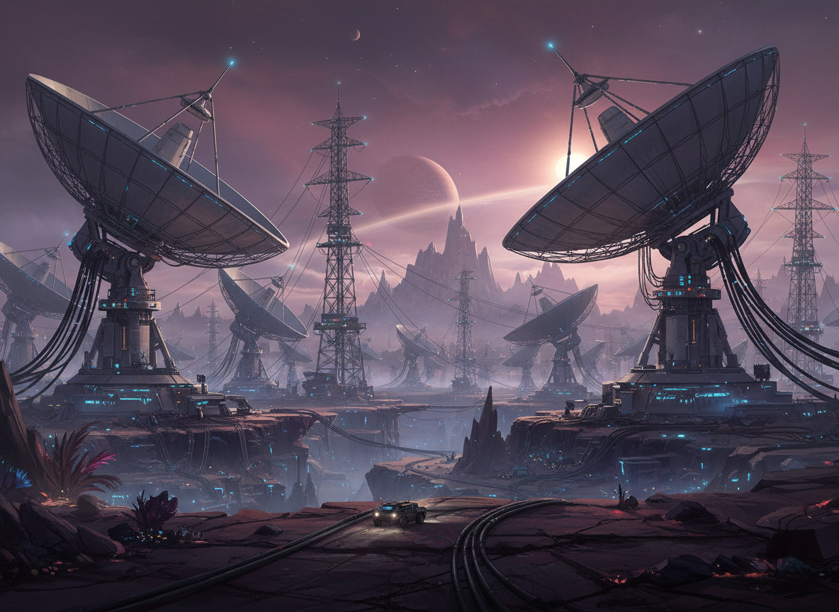 A large futuristic communications array on a remote world: towering parabolic satellite dishes, antenna masts, transmission towers, cables and glowing status lights spread across a rugged landscape, dramatic cinematic science-fiction atmosphere, realistic detailed concept art, wide composition, no text or logos.